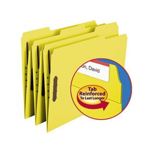 FASTENER Folders, Two Fasteners, 1 / 3 Cut, Assorted, Top Tab, Letter, Yellow, 50 / Box