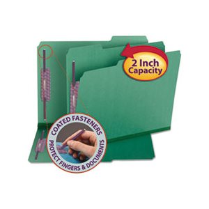 FASTENER FOLDERS, Colored, Pressboard, Letter, 1 / 3 Cut, Green, 25 / Box