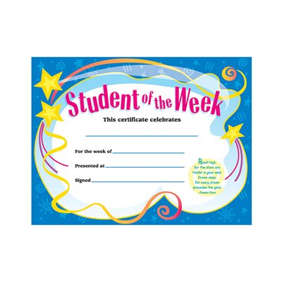 STUDENT OF THE WEEK CERFICATE