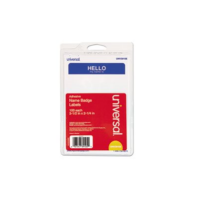 "Hello" Self-Adhesive Name Badges, 3 1 / 2 x 2 1 / 4, White / Blue, 100 / Pack