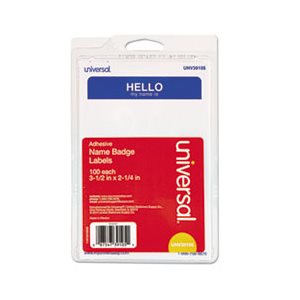 "Hello" Self-Adhesive Name Badges, 3 1 / 2 x 2 1 / 4, White / Blue, 100 / Pack
