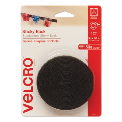 Sticky-Back Hook and Loop Fastener Tape with Dispenser, 3 / 4 x 5 ft. Roll, Black