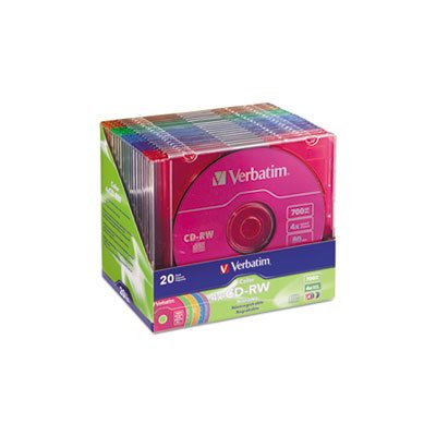 CD-RW Discs, 700MB / 80min, 4X, Slim Jewel Case, Assorted Colors, 20 / Pack